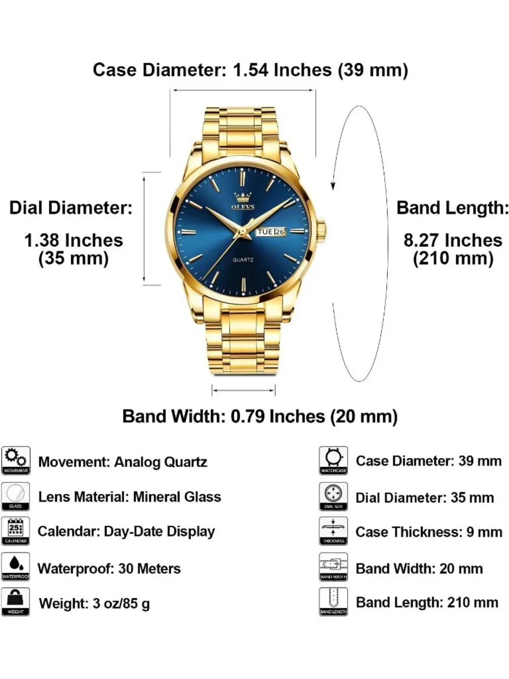 Olevs Men's Gold Luxury Stainless Steel Blue Face Analog Quartz Luminous Watch